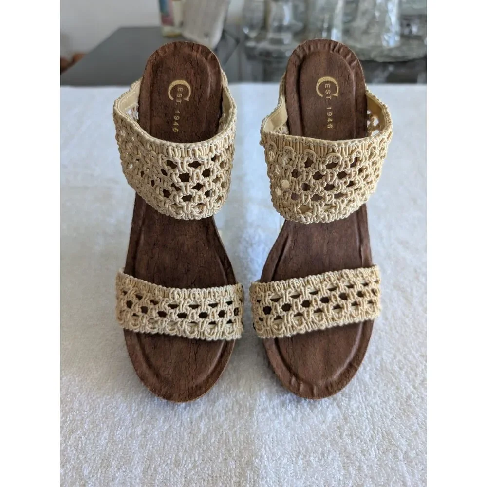 C Est 1946 8M Crochet Wedge Sandals Cream Brown Boho Macrame Studded